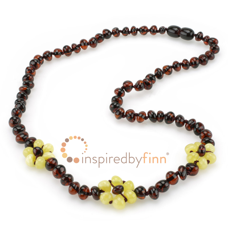 <u>SALE! Baltic Amber Adult/Adolescent Necklace - Polished White Flower</u>