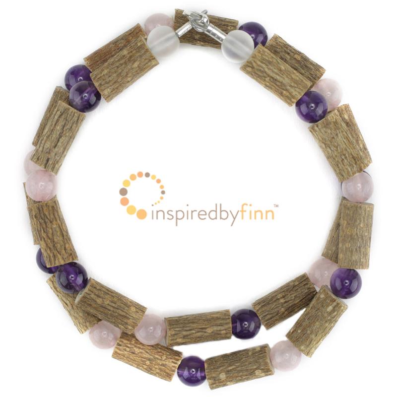 <u>Amethyst and Rose Quartz Gemstones & Hazel Necklace - Supports Nervous System & Brain</u>