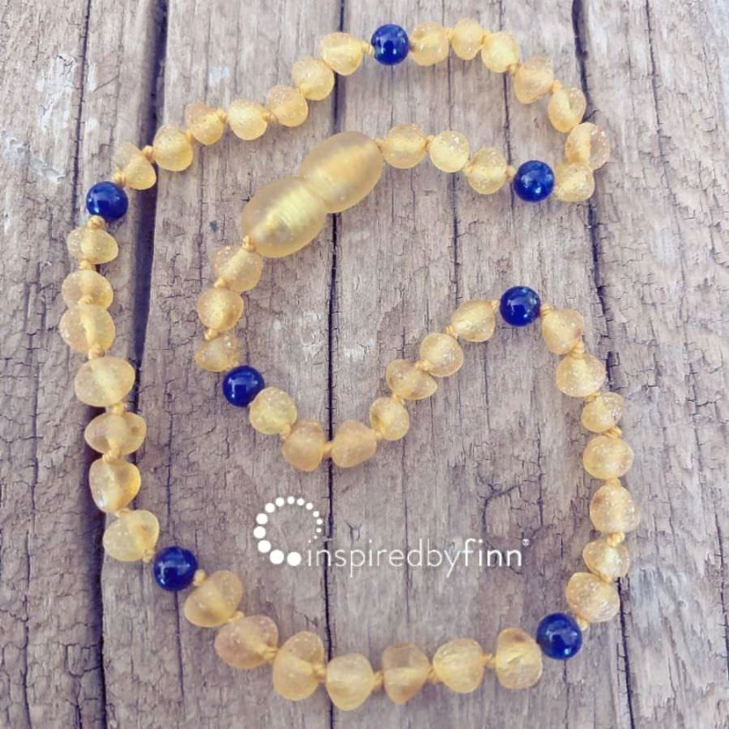 <u>Baltic Amber Necklace - Kids Unpolished Yellow + Lapis Lazuli, Size 13-15"</u>