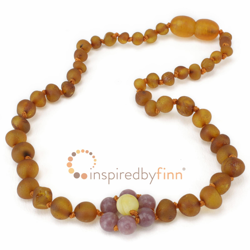 <u>Baltic Amber Necklace - Kids Unpolished Lepidolite Flower - All Kids Sizes</u>