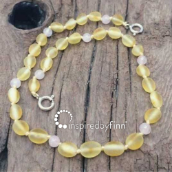 <u>Baltic Amber Anklet - Adjustable<br>Unpolished Lemon Rose Quartz</u>