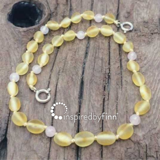 <u>Baltic Amber Anklet - Adjustable<br>Unpolished Lemon Rose Quartz</u>