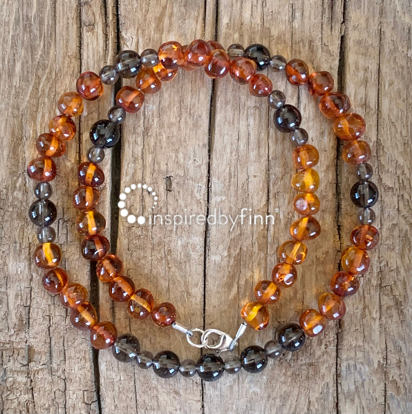 <u>SALE!  Uplifting Baltic Amber and Smoky Quartz Necklace</u><br>Kids Necklace Size 13-14"