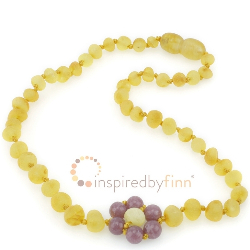 <u>Baltic Amber Necklace - Kids Unpolished Lemon Lepidolite Flower - All Kids Sizes