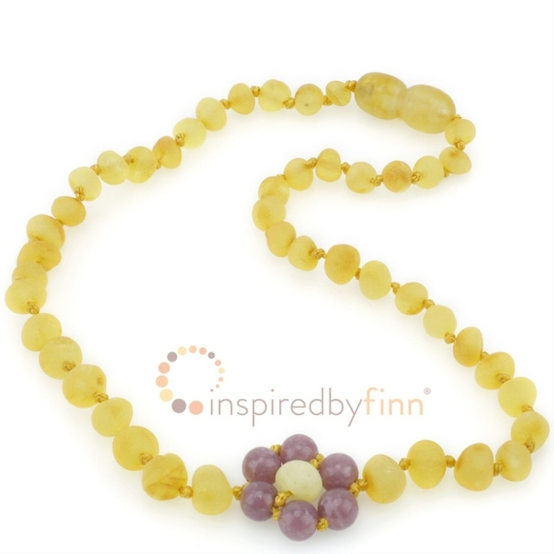 <u>Baltic Amber Necklace - Kids Unpolished Lemon Lepidolite Flower - All Kids Sizes