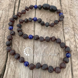 <u>Baltic Amber Necklace -  Kids Unpolished Molasses with Blue Stones, All Kids Sizes<br>Inspired By Finn</u>